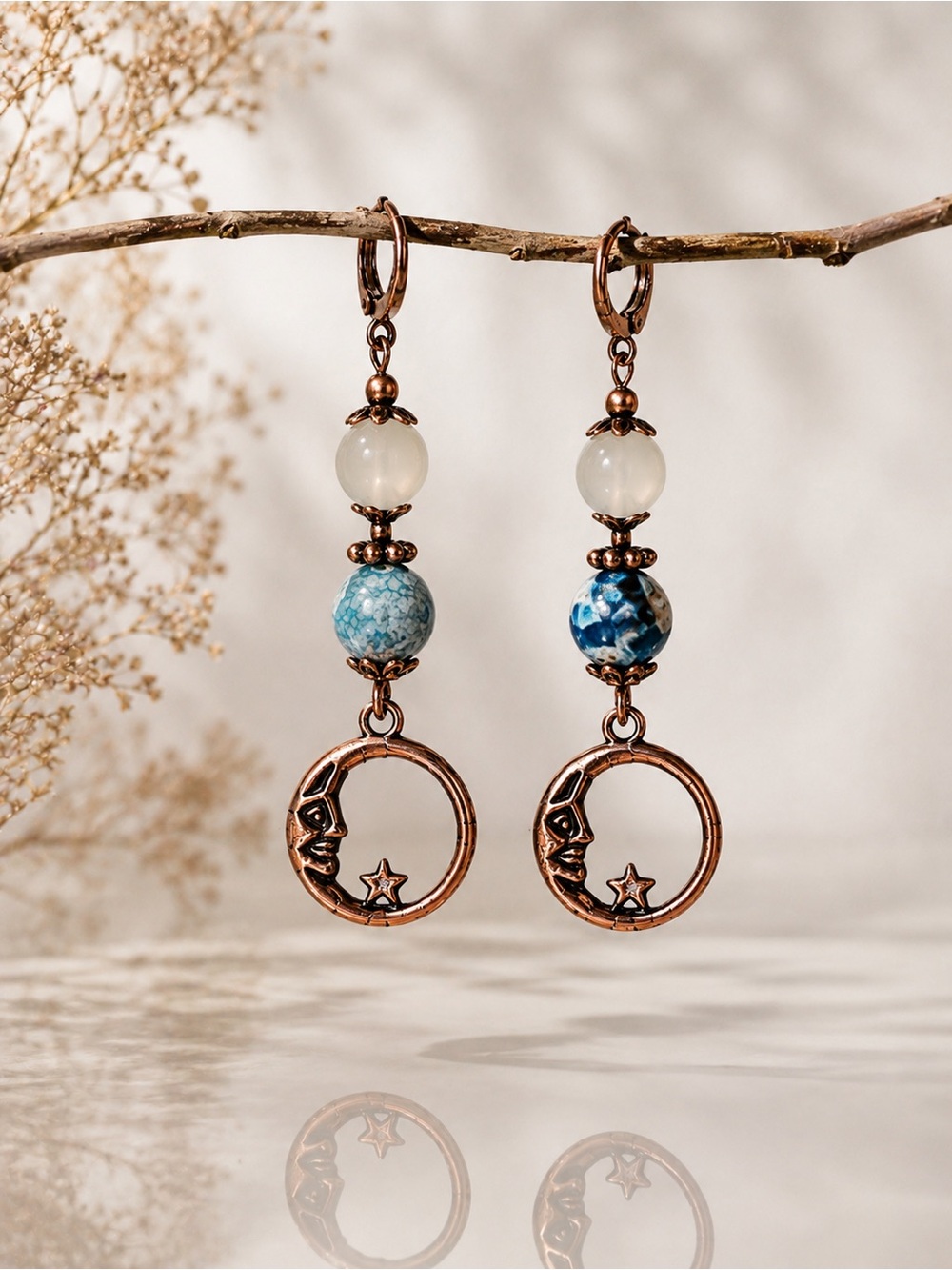 Celestial Copper Moon Earrings Blue Glass Beads Handmade Boho
